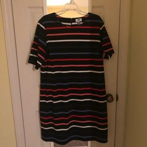 Black with colorful stripes, worn once.